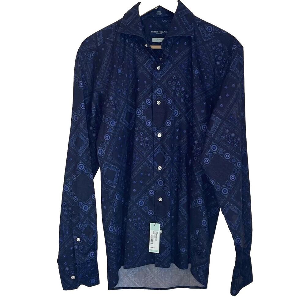 Peter Millar Flex Finish Navy Blue Long Sleeve Paisley Dress shirt 2Xl NWT L11